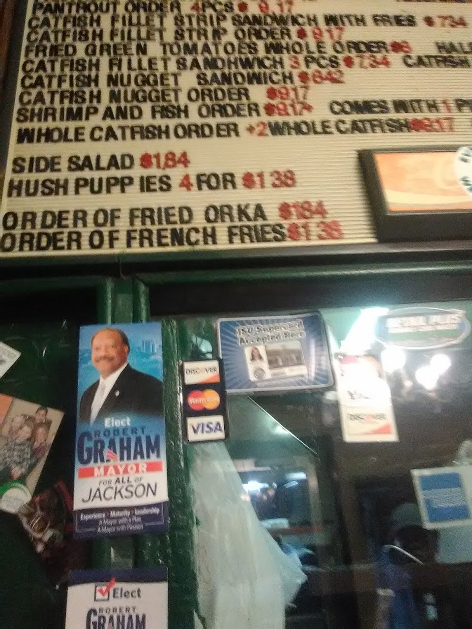 Seafood menu showing sandwiches and fried orders.